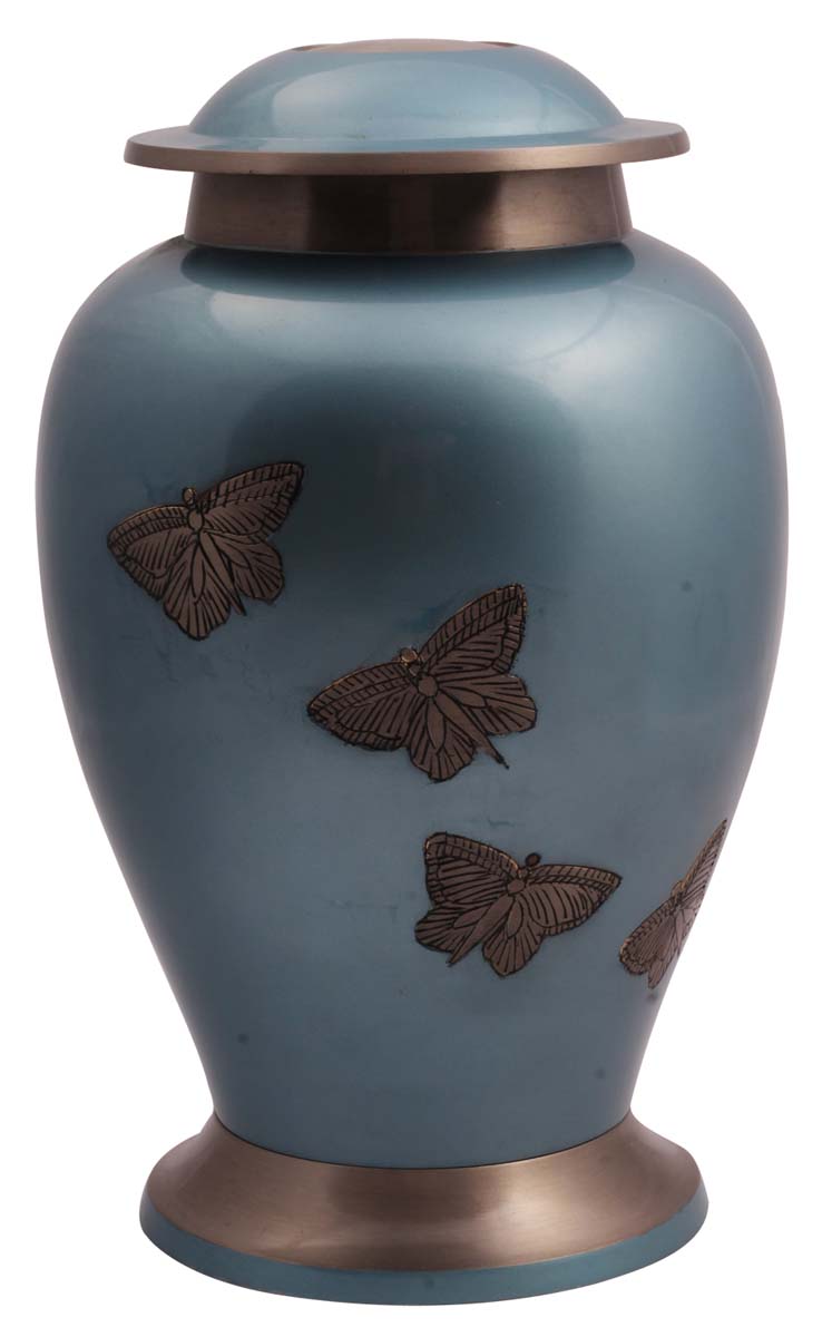 10” Blue Brass Cremation Urn with Etched Butterfly Motifs – Hand-Crafted – Solid Urns for Ashes at Wholesale